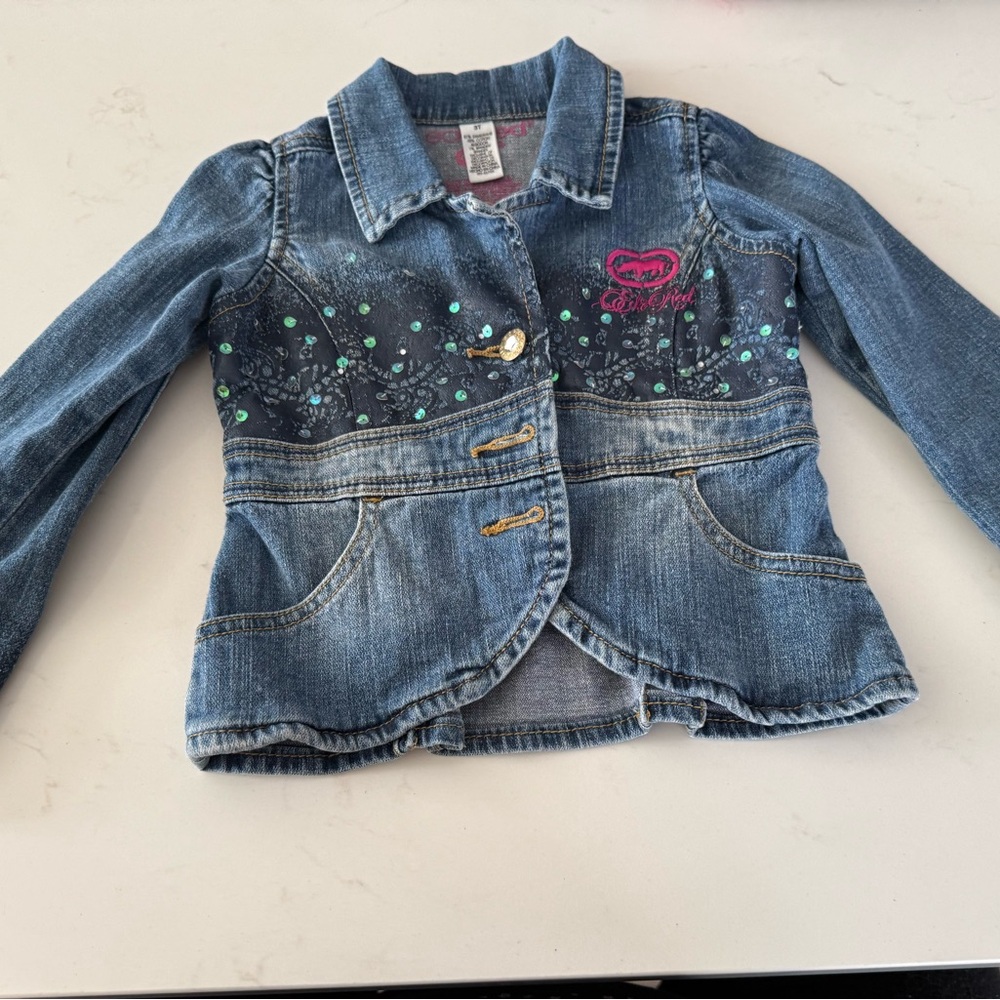 Ecko Unlimited Girls' Blue Denim Jacket with Heart Patch and Sequin Detail